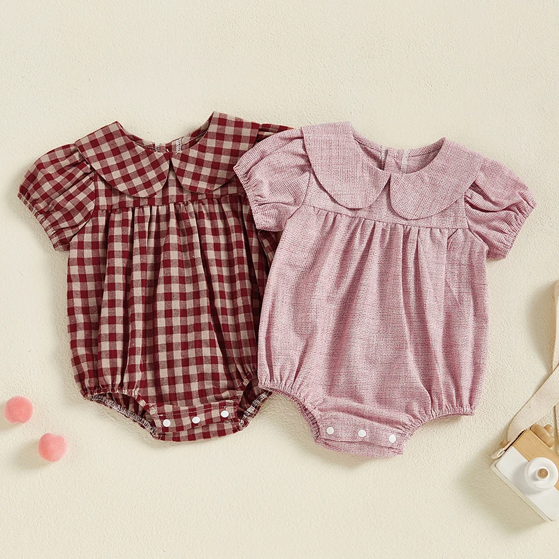 VISgogo Baby Girls Romper Short Sleeve Doll Collar Plaid Infant Bodysuit Summer Clothes