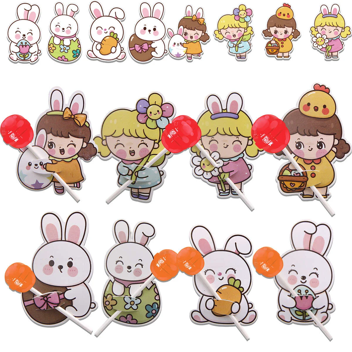 48Pcs/set Easter Lollipop Cards Carton Rabbit Chick Egg Candy Holders For Happy Easter Party Kids Sweets Packagings Supplies