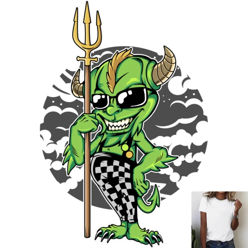 Trendy Green Devil Cartoon Heat Transfer White Ink Iron - on Patch, Stylish Trident & Sunglasses Devil Pattern, Suitable for T