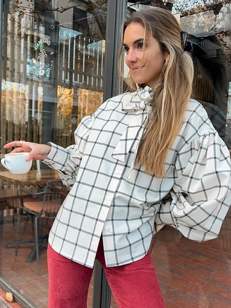 Big Plaid Bow Collar Shirts Women Fashion Long Sleeve Single Breasted Female Outwear 2024 Spring Summer Elegant Lady Shirts