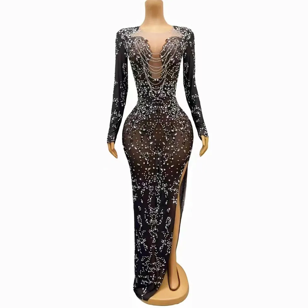 

Sexy Black Rhinestones Silver Chains Evening Dress Skinny Mesh Costume Prom Club Party Nightclub Singer Performance Stage Gowns