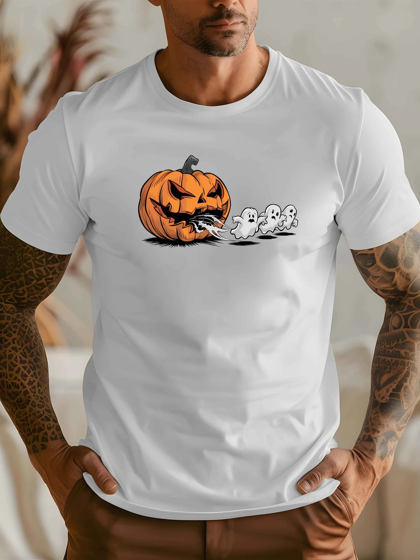 

Мужская футболка из 100% хлопка с тыквенным фонариком на Хэллоуин, повседневная футболка с коротким рукавом и круглым вырезом, свободная одежда