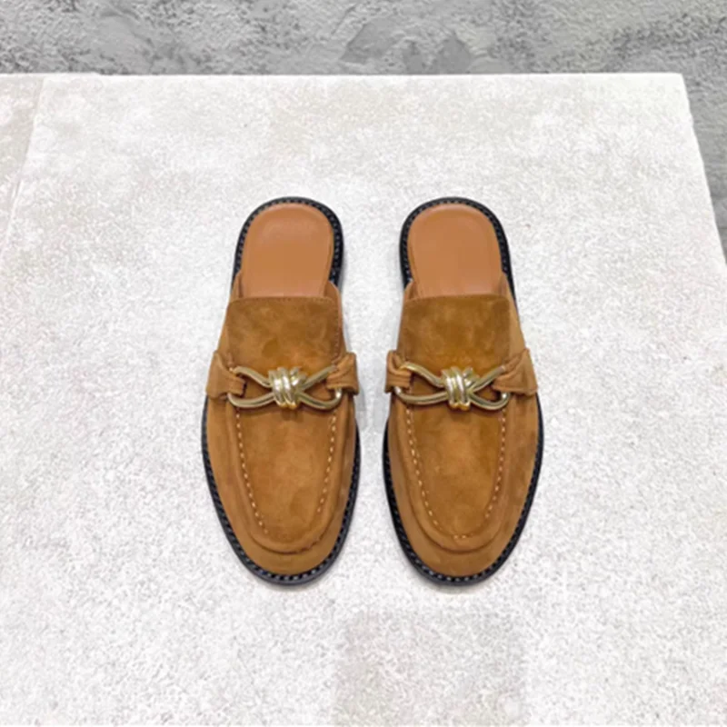 Metal Buckle Half Slippers For Women Retro High Quality Genuine Leather Mule Shoes Comfortable Flat Man And Women Designer Shoes view 5