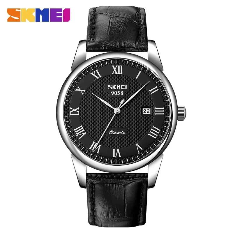 SKMEI 9058 Waterproof Quartz Men Wristwatches Luxury Business Leather Mens Watch Date Calendar Male Clock Reloj Masculino 0953