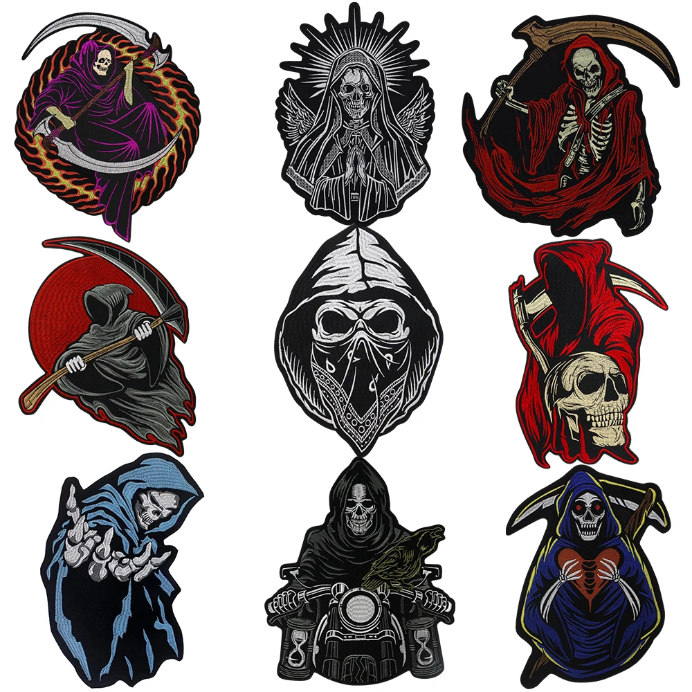 

Punk Sickle Skull Patches Iron Biker Back Badge Embroidery for Clothes Jacket Jeans Decoration Applique