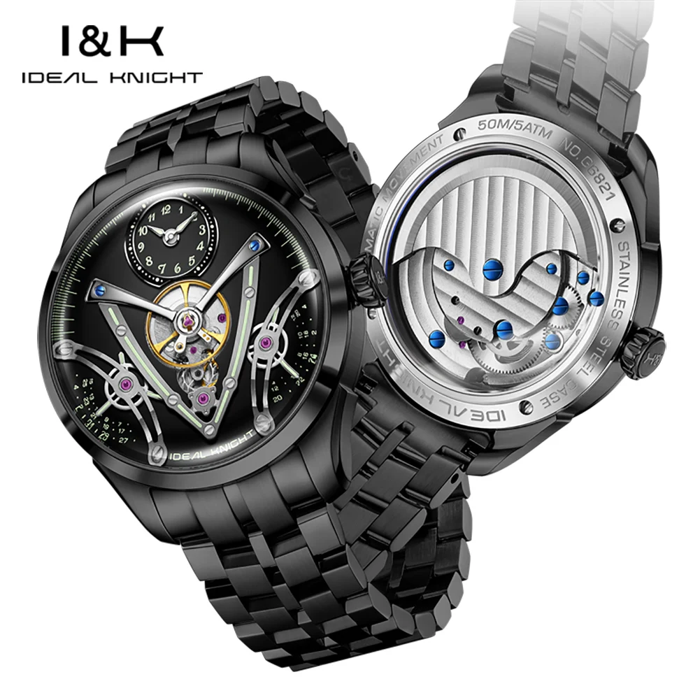 IDEAL KNIGHT 6821 Men Automatic Mechanical Movement Night Light Display V-shaped Dial Stainless Steel Brand Crown Watch For Men
