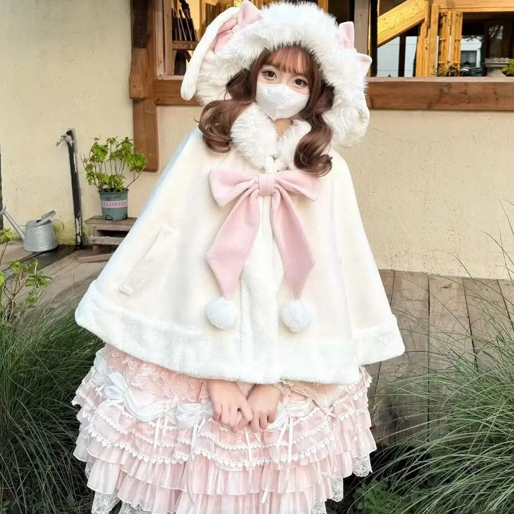 Coalfell Japanese Vintage Outerwear Women Autumn Winter Cute Bow Rabbit Ear Hooded Ponchos Lolita Sweet Kawaii Capes Coat