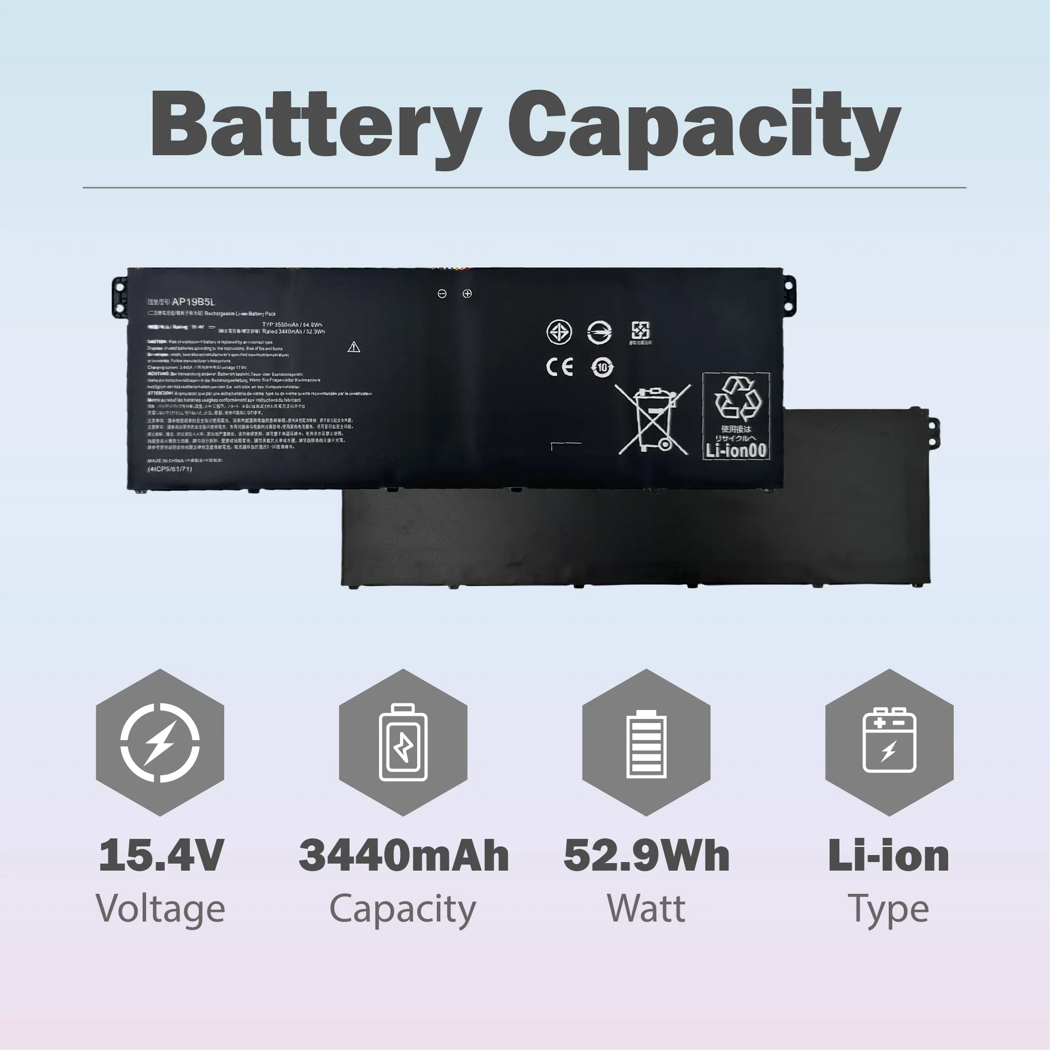 AP19B5L 15.4V 52.9Wh Laptop Battery for Acer Aspire 5 A514-54 A515-55 A515-43 Wift 3 SF314-42 SP314-21N-R5FR Vero AV15-51