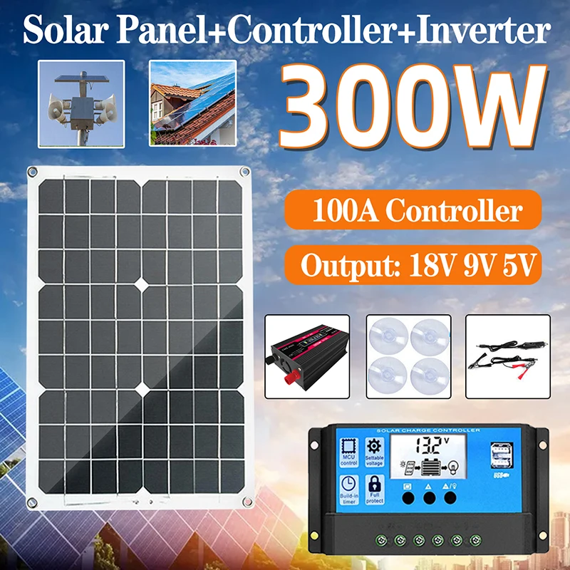 

18W-18V Solar Power Panel with 30A Controller 12V-220V Inverter Kit 300W Solar Panel Battery Charger for Home Grid Camp Phone