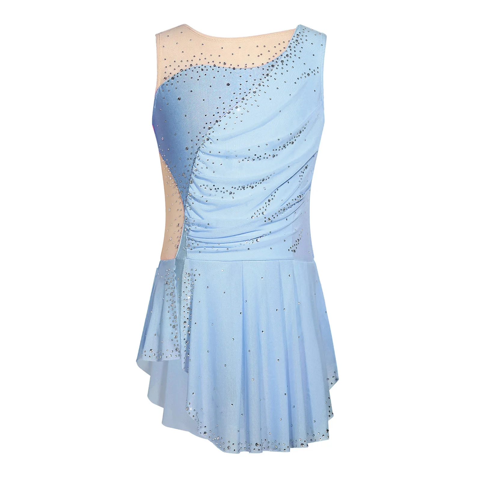 Kinder Mädchen Gymnastik Eiskunstlauf Ballett Tanzkostüm Funkelnde Strasssteine Gerafftes Netzkleid mit Seitenschlitz und Eingebautem Slip – Detail 7