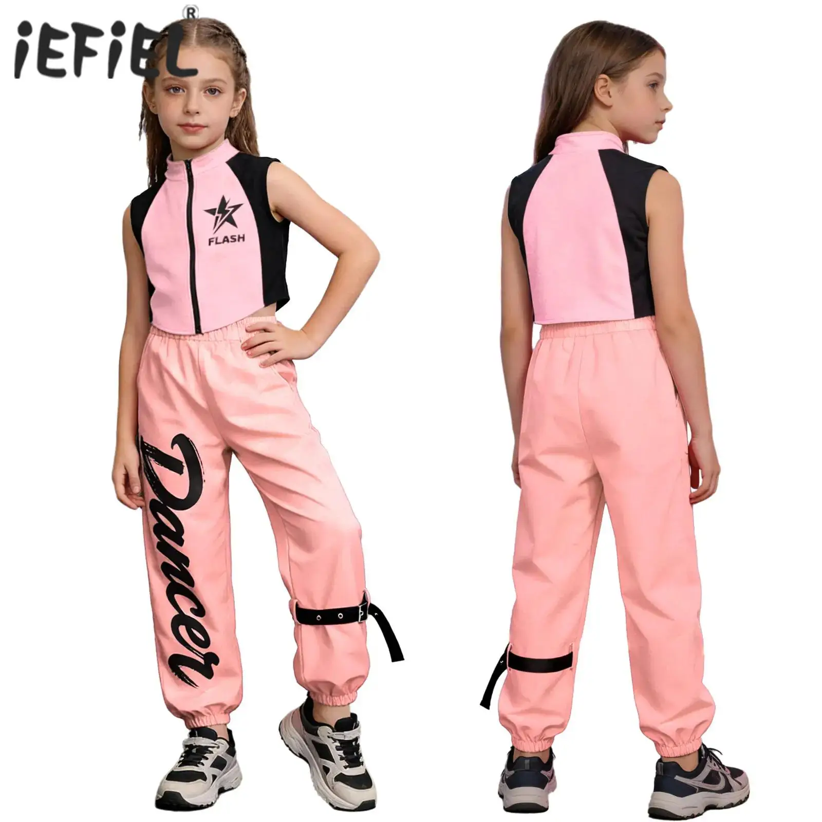

Детские костюмы для современных танцев в стиле хип-хоп для девочек, комплект для уличных танцев, топ без рукавов на молнии с принтом букв и брюки, комплект