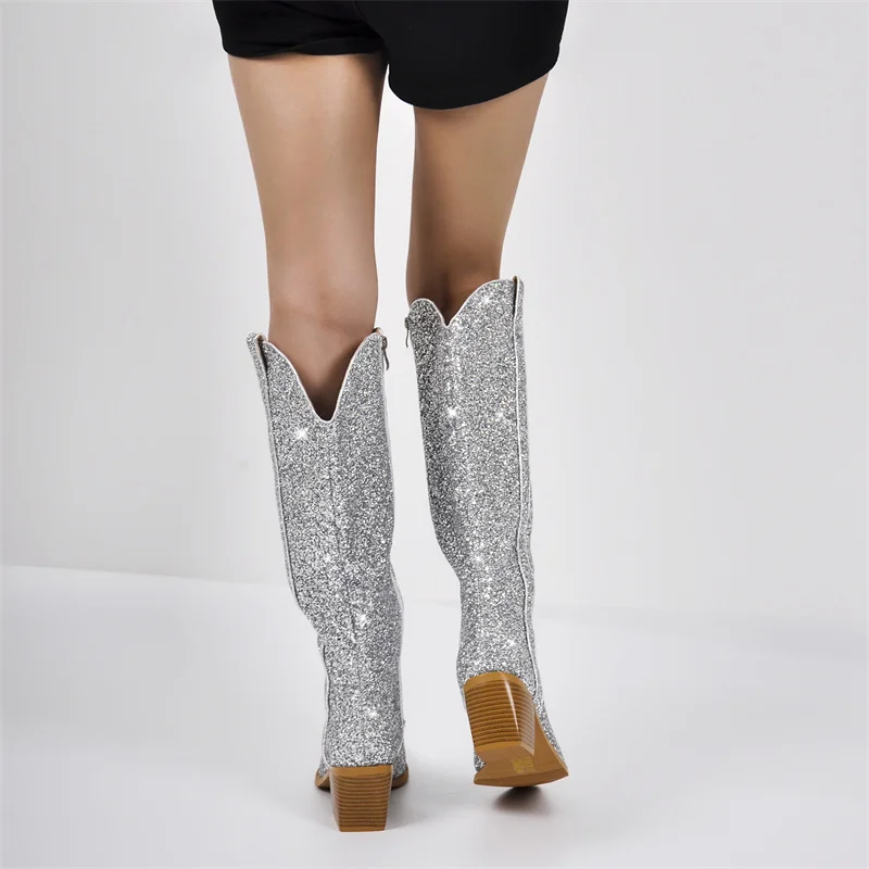 Onlymaker Woman Pointed Toe Sliver Glitter Knee High Boots Western Cowboy Boots Bling Shiny Block Heel Handmade Lady Boots
