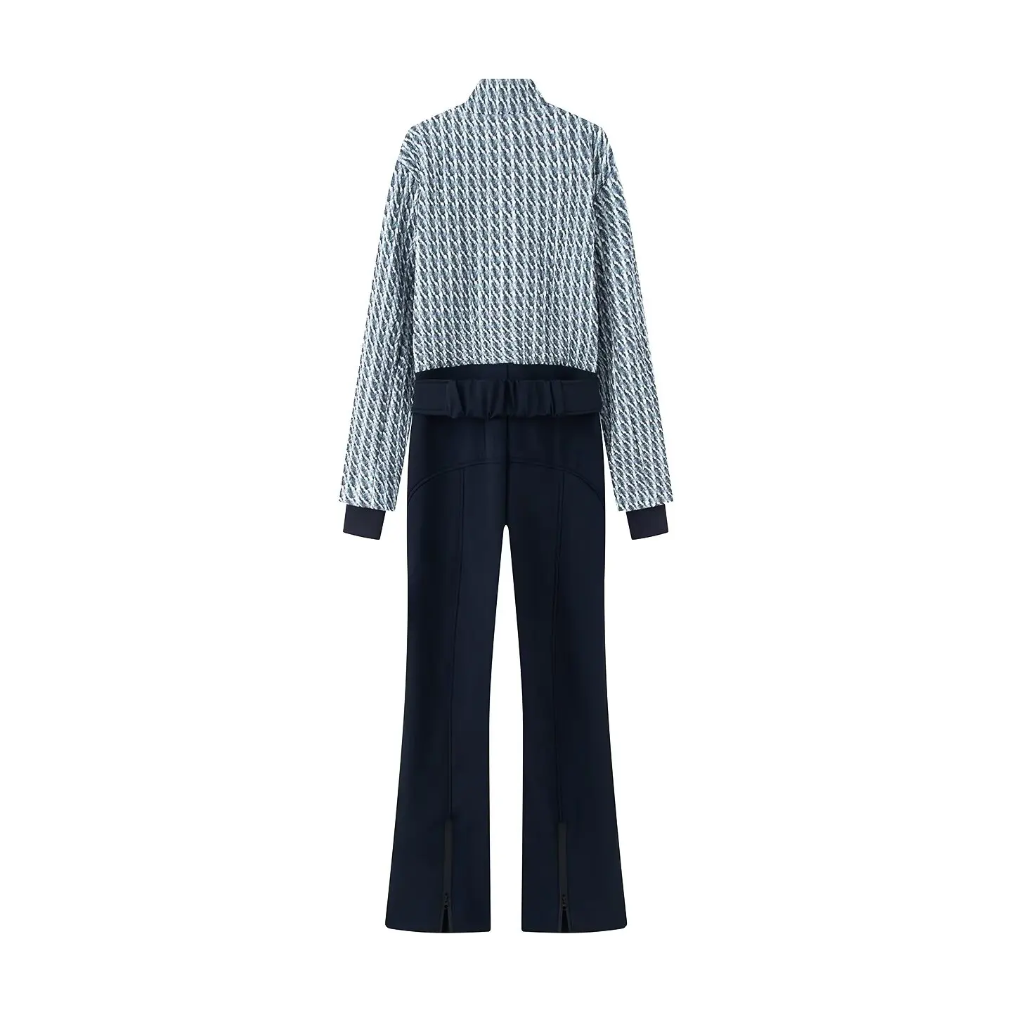 エレガントなプリント柄、厚手のレディーススキージャンプスーツ、長袖、スタンドカラー、ジッパー、ベルト付き、ロングロンパース、2026年、暖かい、ハイウエスト、女性用ロンパース