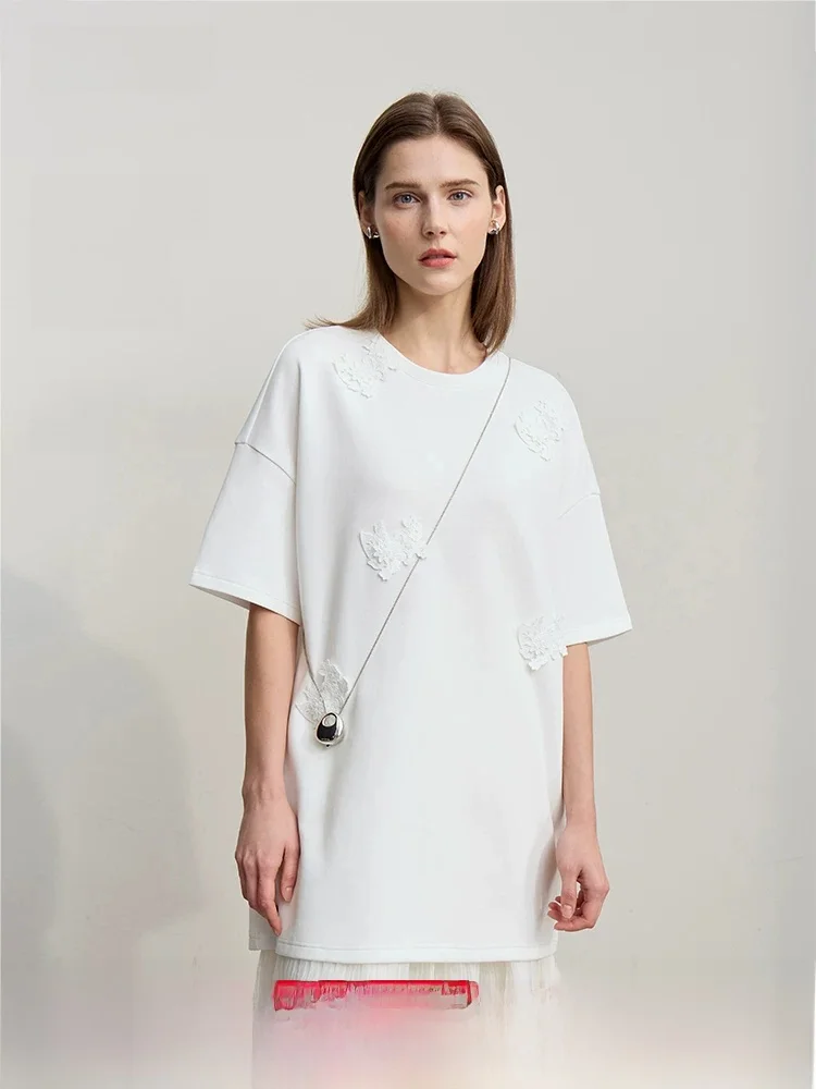 

Spring New round Neck Splice Lace Air Layer T-Shirt Women Loose Elastic Top Short Sleeve Breathable Comfortable Cotton Blend