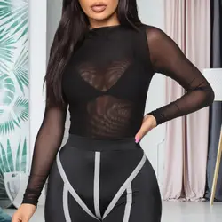 Women Bodysuit Sexy Black Skin Color Thin Mesh Bodysuit Long Sleeve See-through Mesh Skinny Half-high Collar Female Playsuit