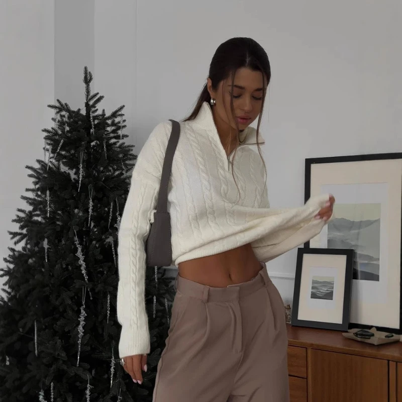 

2025 Winter New Half Zipper Solid Color Loose Fried Dough Twists Design Fell Shoulder Knitting Sweater Women