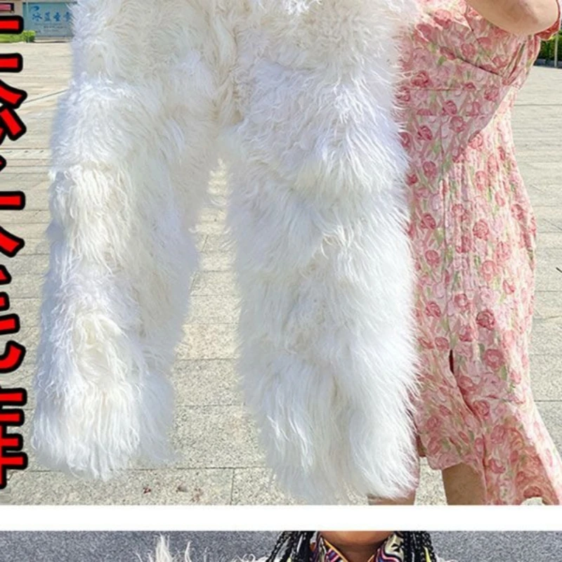 Winter Original Ecological Fur One Thickened Wool Pants Fleece High-waisted Back Protector Warm Liner Men Women Leather Pants