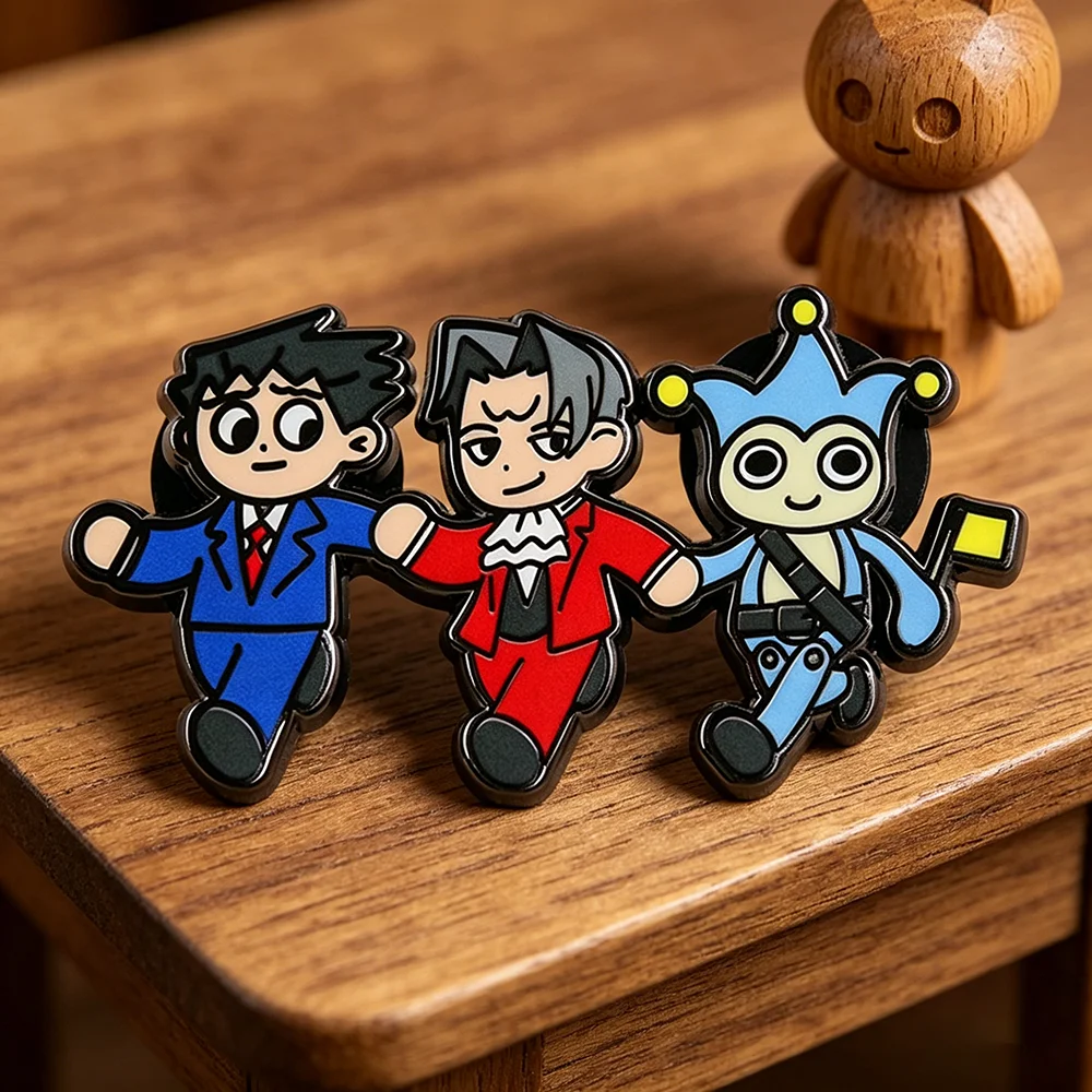 Значок по аниме-игре Ace Attorney: Феникс Райт, Майлз Эджворт и Блю Бэджер. Милый эмалевый значок-чиби для фанатов, аксессуар для рюкзака.