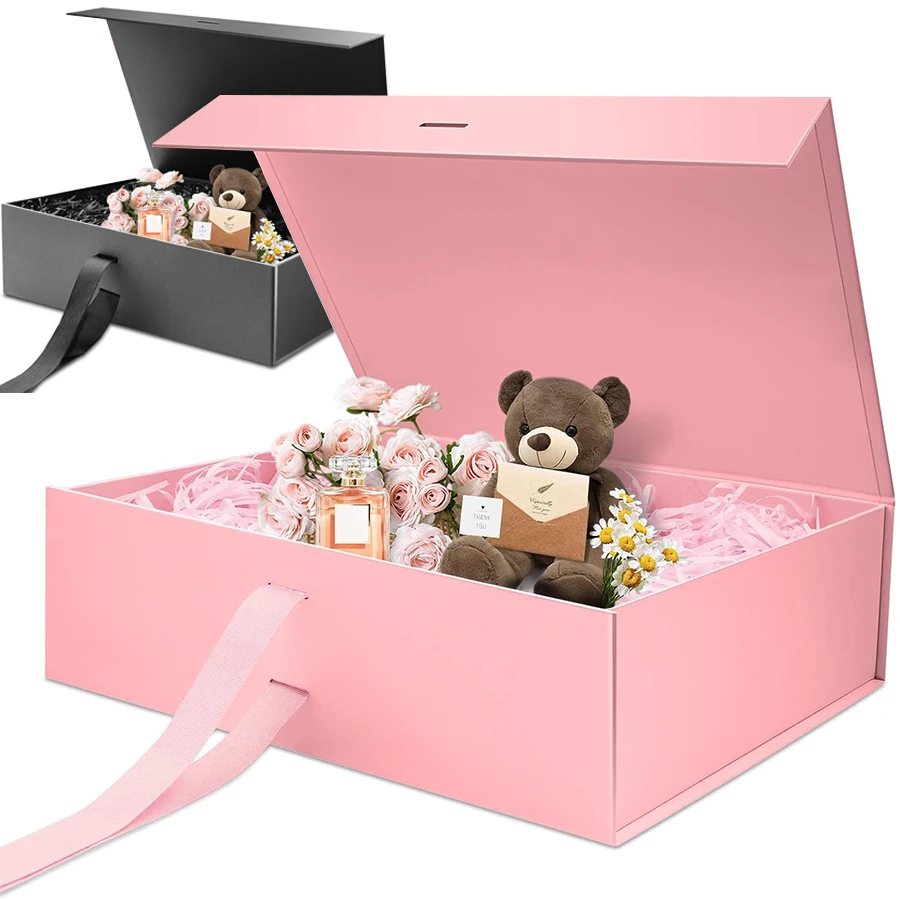 Pink/Black Magnetic Closure Gift Box with Raffia Gold Envelopes Wedding Birthday Jewelry Special Occasion Packaging JXB