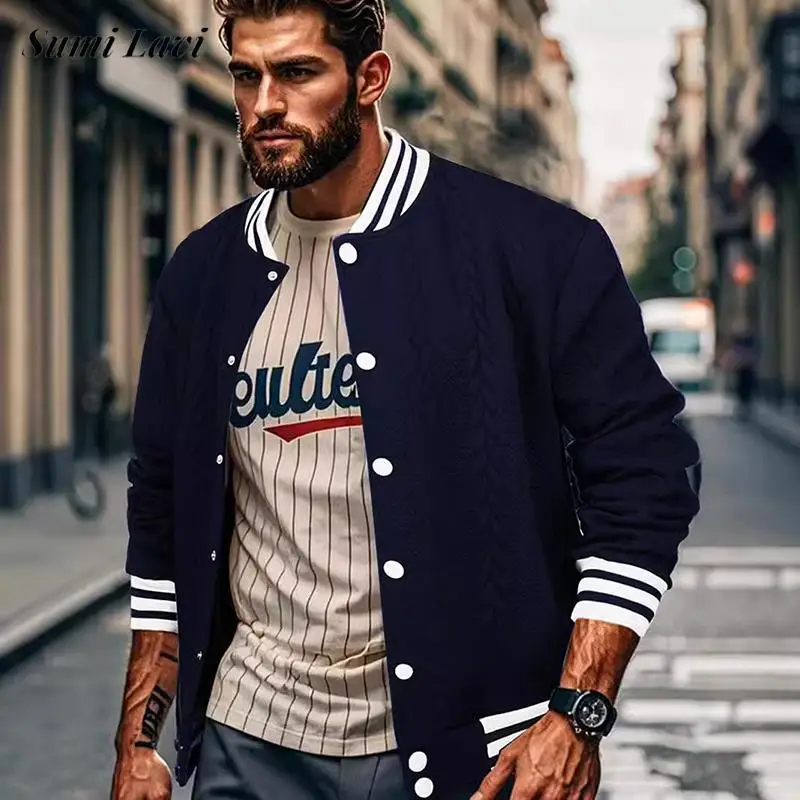 Fashion Button-up Stand Collar Mens Jacquard Jacket Fall Casual Patchwork Long Sleeve Coats For Men Streetwear Vintage Outerwear