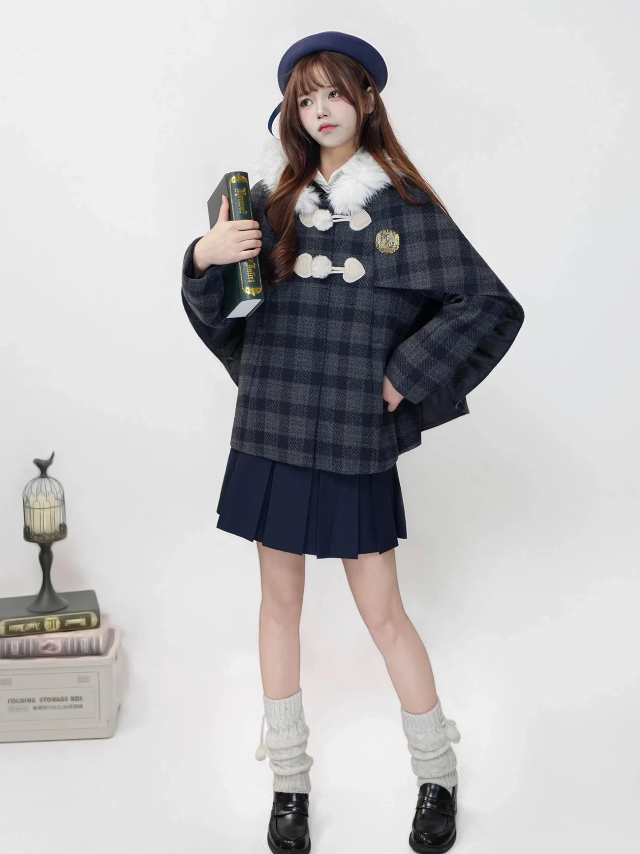Preppy Korean 2 Piece Set Women Plaid Woolen Cape Coat Faux Fur Heart Button High Waist Pleated Mini Skirt Slim Fit Daily Wear
