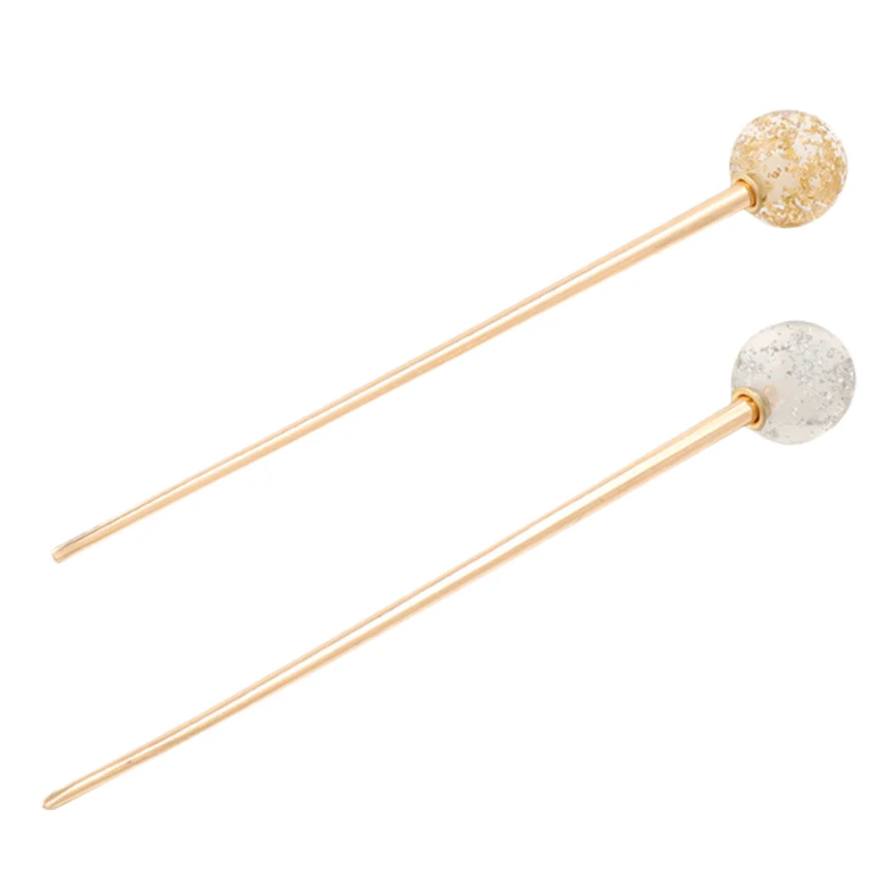 

2 Pcs Hairpin Stick Bun Simple Chopstick Holder Metal Chopsticks Resin Ball Silver Accessories