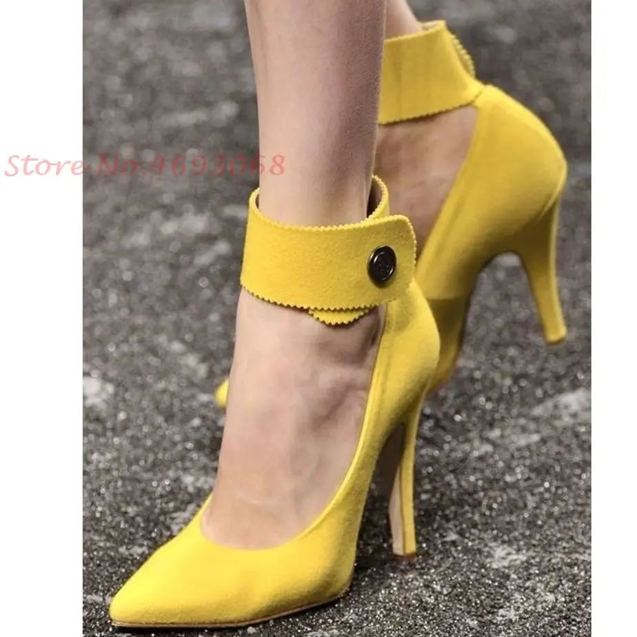 

Yellow Ankle Wrap Suede Pumps Pointy Toe Button High Stiletto Heels Luxury Praty Pumps Women Customized Ladies Spring Shoes