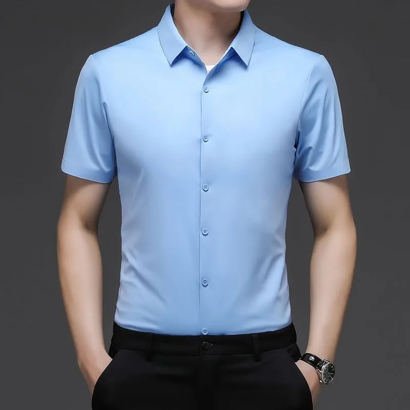 High End Ice Silk Shirts Men Short Sleeve Business Wrinkle Shirt Single Breasted Elastic Tops Luxurious Wedding Clothes 2pcs/Set