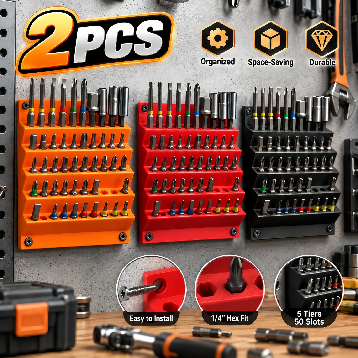2pcs Wall Mount Hex Bit Organizer Rack 6.3mm Holder 50pcs Capacity Screwdriver Bit Storage Shelf For Garage Workshop Home Tools