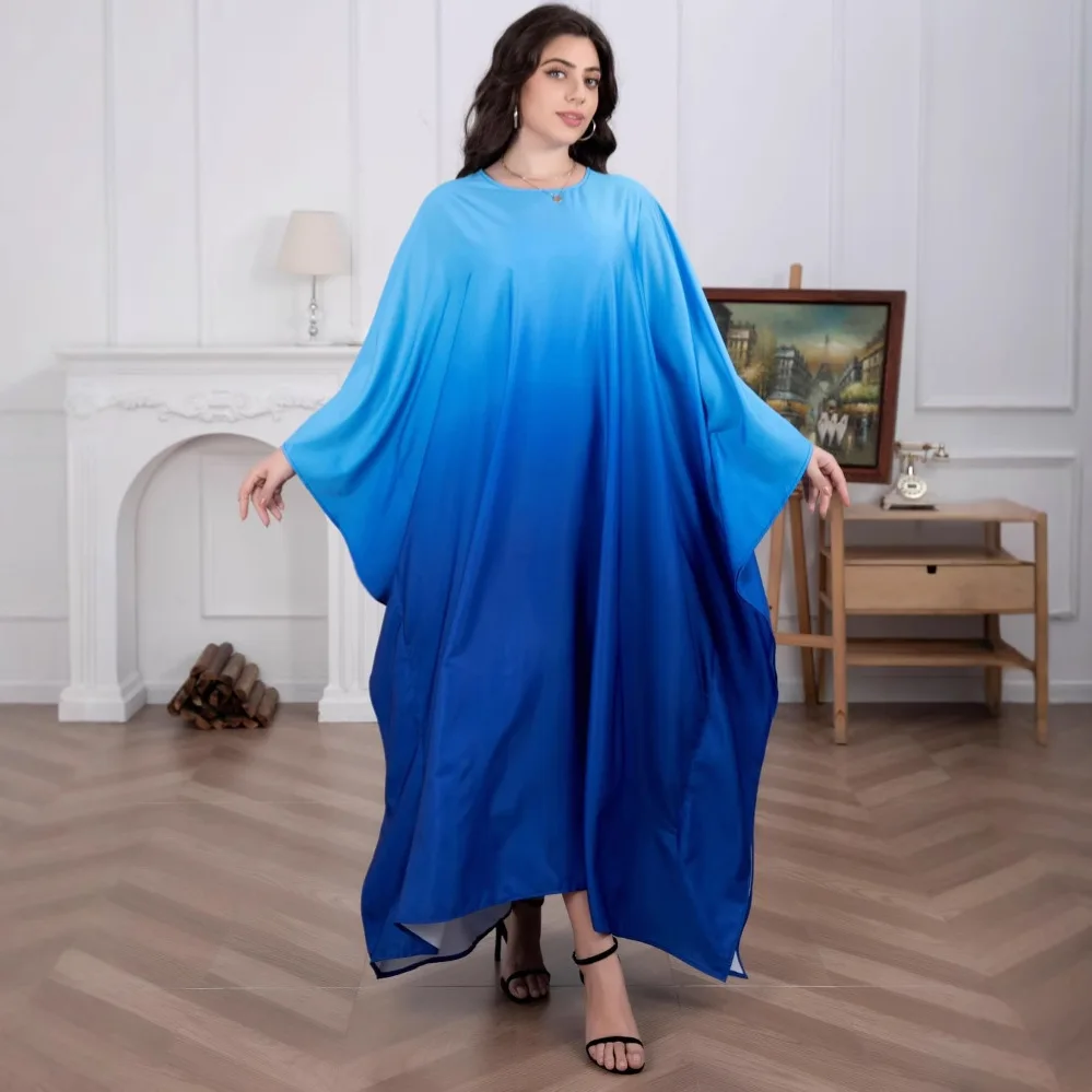 Middle East Muslim New Fashion Women's Gradient Color Casual Trendy Simple Basic Loose O-neck Ankle Length Abaya Female Clothes