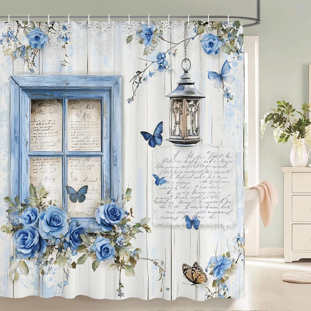 

Beautiful Flowers Butterfly Shower Curtain Blue Floral Printed Bathroom Bath Curtain Home Decoration Curtain With Hooks