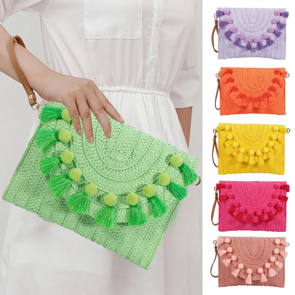 Handbag Straw Shoulder Bag Beach Handmade Bag Large Capacity Magnetic Closure Straw Crossbody Bags Woven Envelope Wallet