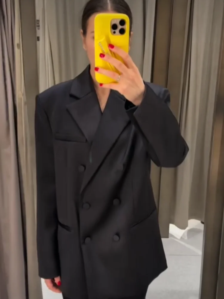 

Elegant Satin Lapel Suit Jacket Women Solid Full Sleeve Single Breasted Shoulder Pad Coat 2026 Fashion Commute Office Jackets