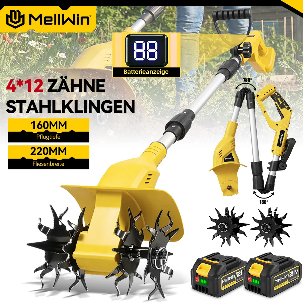 MELLWIN Akku-Gartenfräse, Rasenmäher und Rototiller – Gerät zum Auflockern und Bearbeiten des Gartens, passend für Makita 18-V-Akku