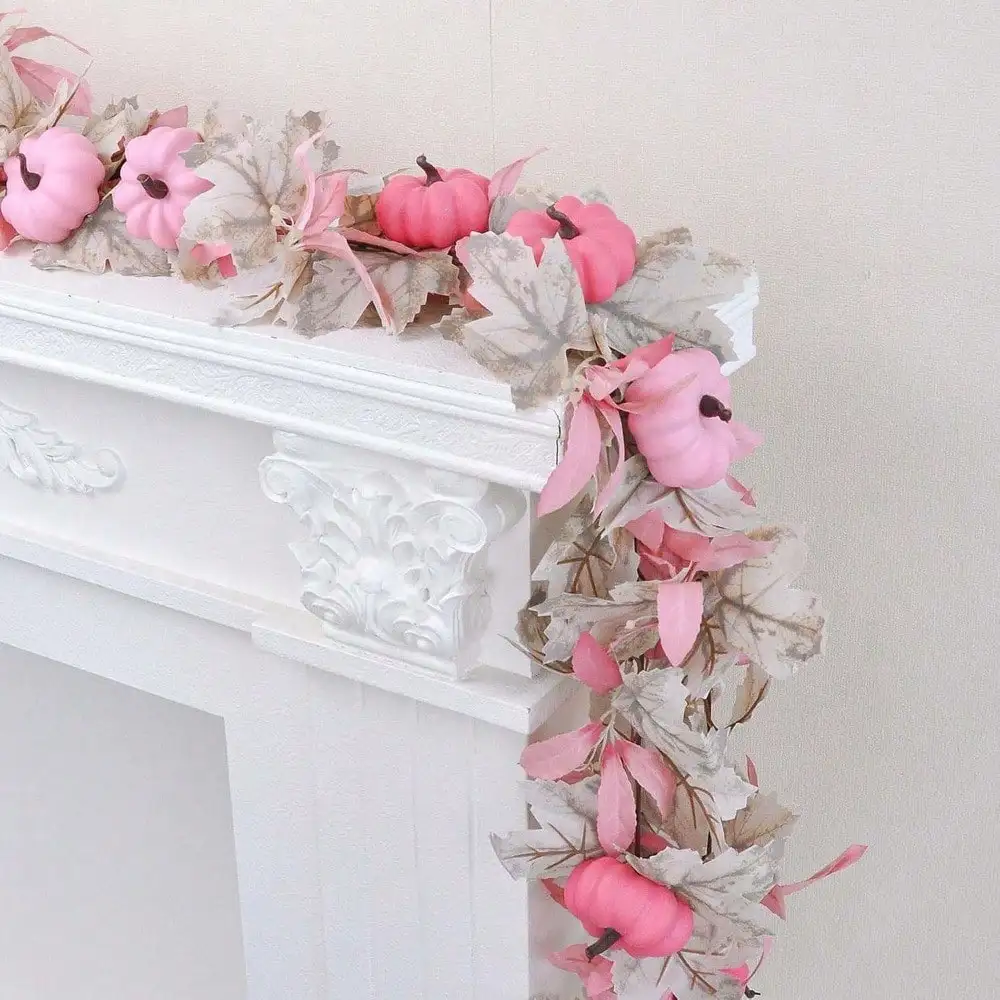 Pink Pumpkin Garlands Halloween Decorations 5.6FT Artificial Maple Leaf Vines Hanging Garland Thanksgiving Fall Mantle Fireplace Decor (Pink, 68 Inches) - view 3