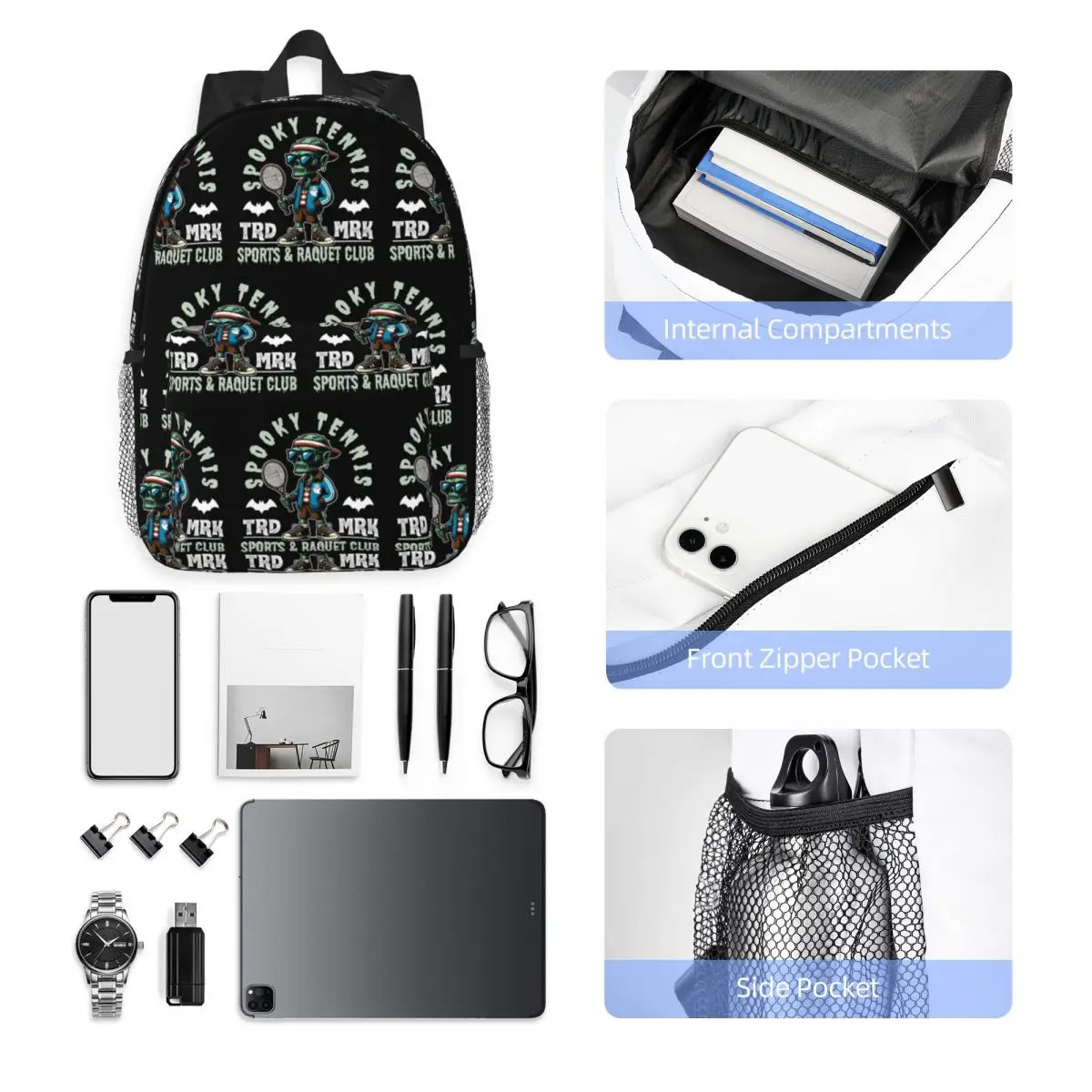 Spooky Tennis Sports And Raquet Club Backpack Hot Sale Daypack Large Capacity BookBag Shoulder Bags Men Women School Bag