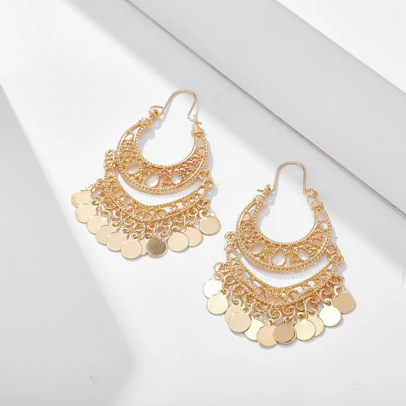 Bohemian Fashion Trendy Gold Sequin Tassel Hoop Drop Earrings Women\'s Luxury Ethnic Style Party Bridal Gift Accessories