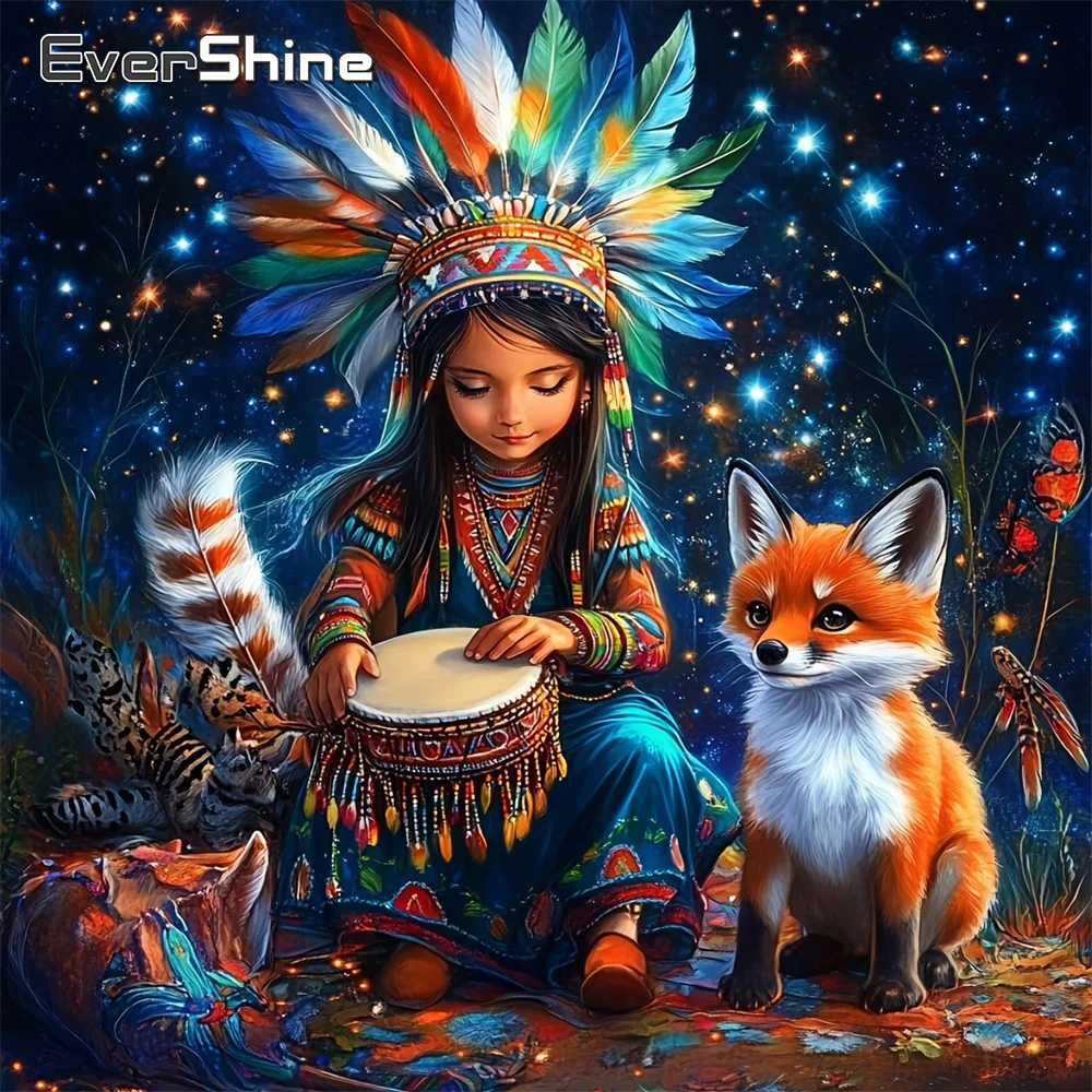 Evershine Diamant-Mosaik Porträt Vollquadrat-Drill-Gemälde Mädchen 5D Strass-Bild Stickerei Fuchs Kind Hobby