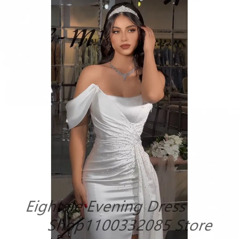 Acht elegante Meerjungfrau weiße Abendkleider für Hochzeits feier eine Schulter Schlitz Perlen formelle Ballkleid Dubai Party kleid