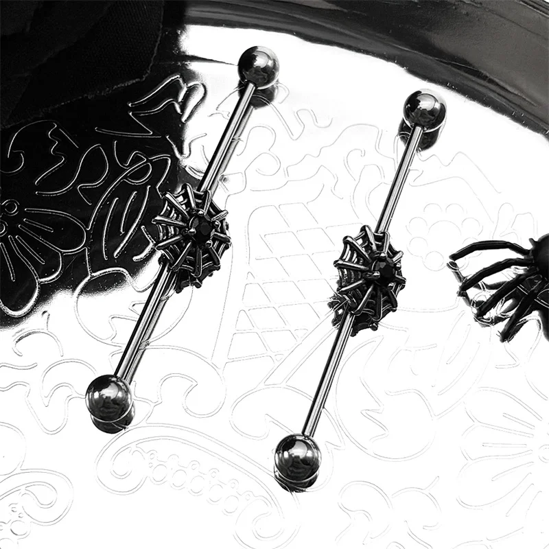 

1PC Gothic Punk Spider Web Industrial Barbell Earrings For Women Men Stainless Steel Black Rhinestones Piercing Body Jewelry