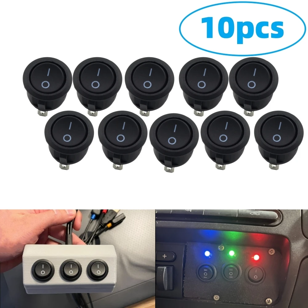 10Pcs Switch 2 Pin Small ON/OFF Round Rocker Switch LED illuminated Car Dashboard Dash Boat Van 3A 250V AC 6A 125VAC Switch