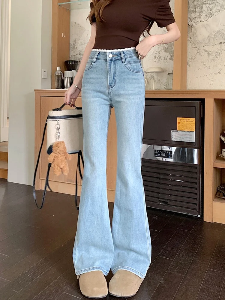 

High Waist Lace Trim Denim Jeans Women's Spring 2026 New Korean Design Slimming Micro Flare Waed Long Pants Vintage Sle