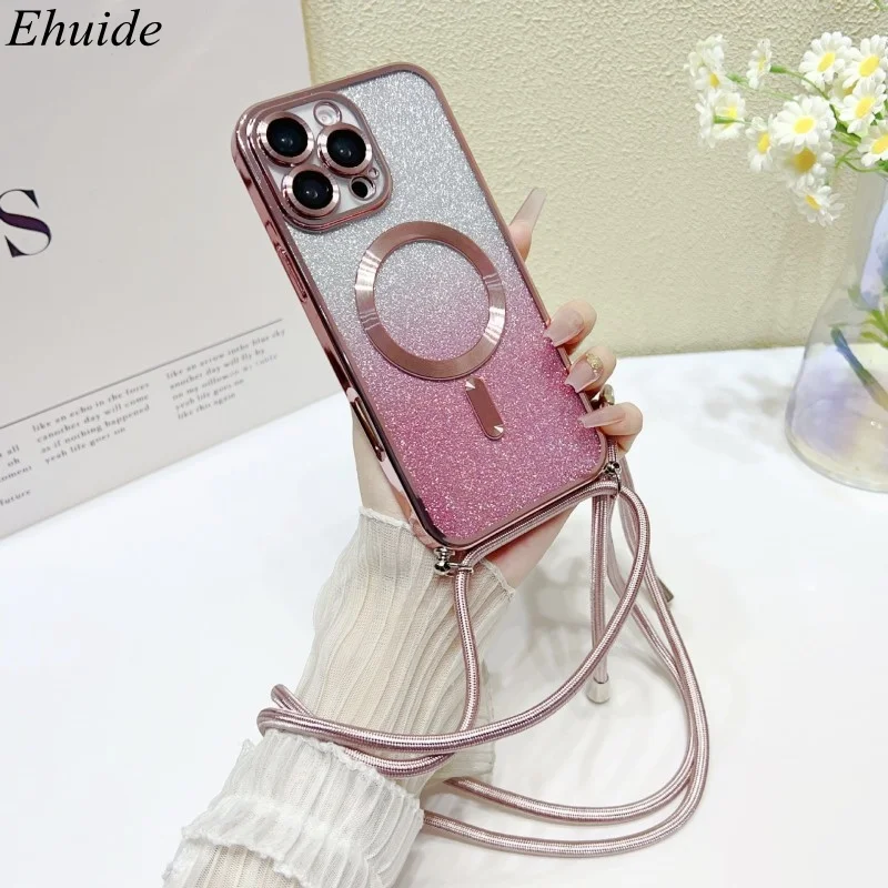 Capa Magnética para iPhone 17 Pro Max 16 14 13 12 11 15 Plus 17Air com Glitter Transparente, Revestimento Anti-impacto e Alça Transversal