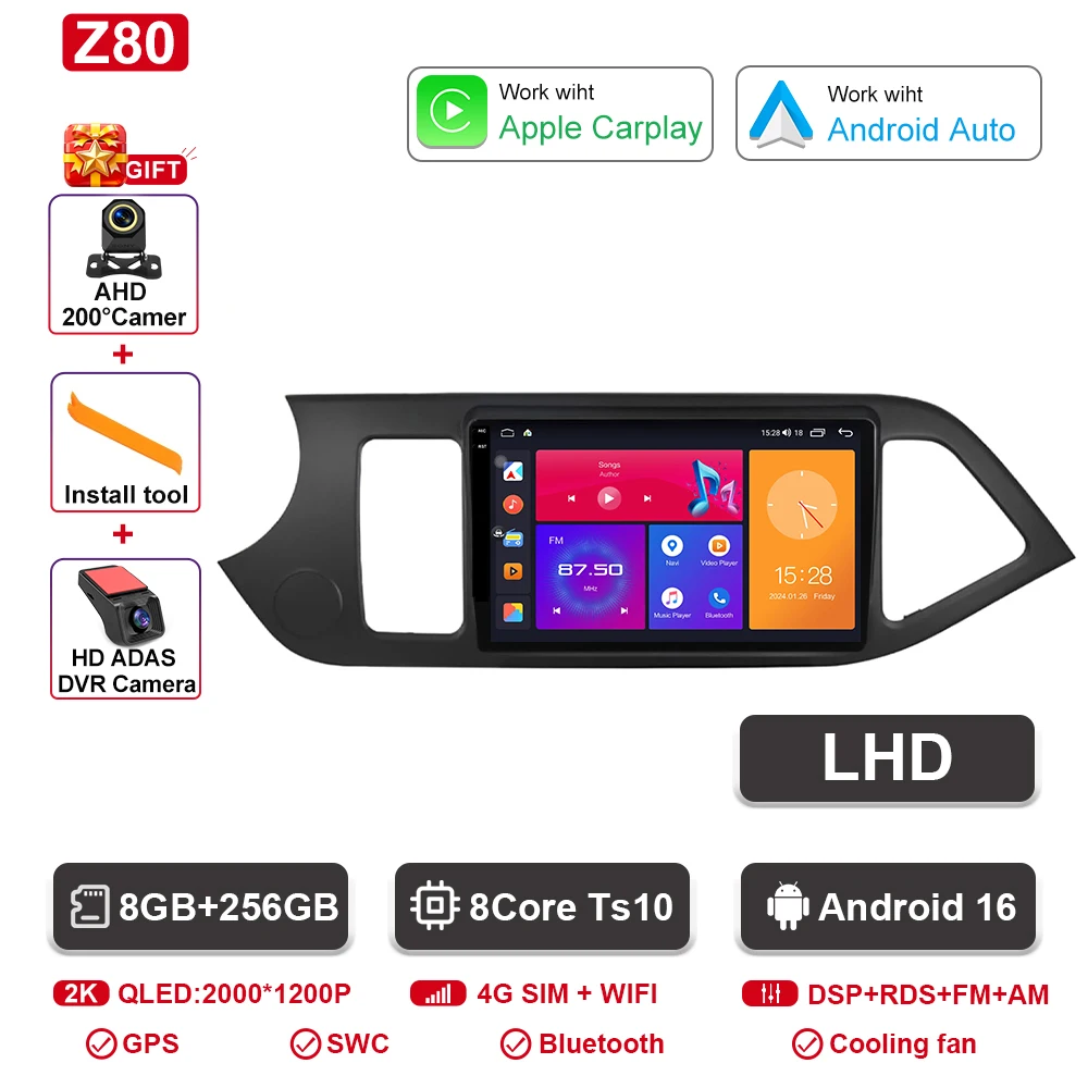 Android 16 Voor KIA PICANTO Ochtend 2011 2012 2013 2014 2015 2016 Carplay Auto Multimedia Autoradio Navigatie Speler WIFI + 4G DSP