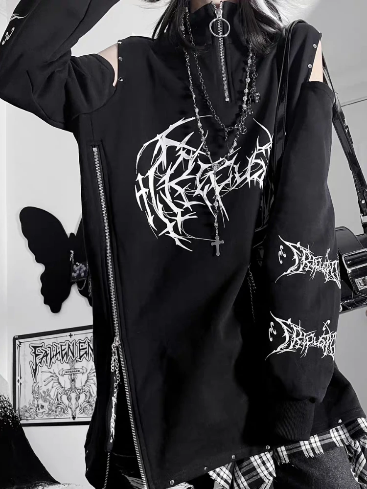 HOUZHOU Y2k Schwarz Goth Grafik Frauen Sweatshirts Punk Harajuku Off Schulter Japanischen Stil Pullover Grunge Ästhetischen Übergroßen