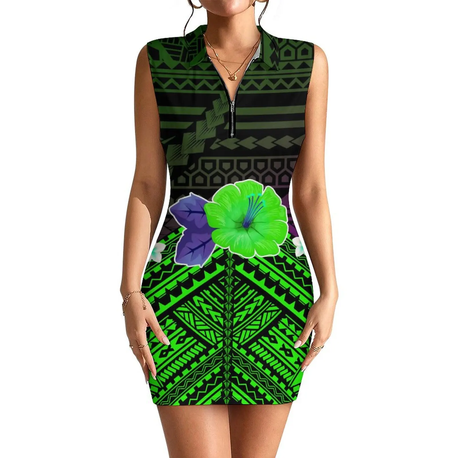 Fashionable Women'S V-Neck Dress Shopping Tight Wrap Hip Skirt Hawaiian Hibiscus Flower Polynesian Custom Pattern