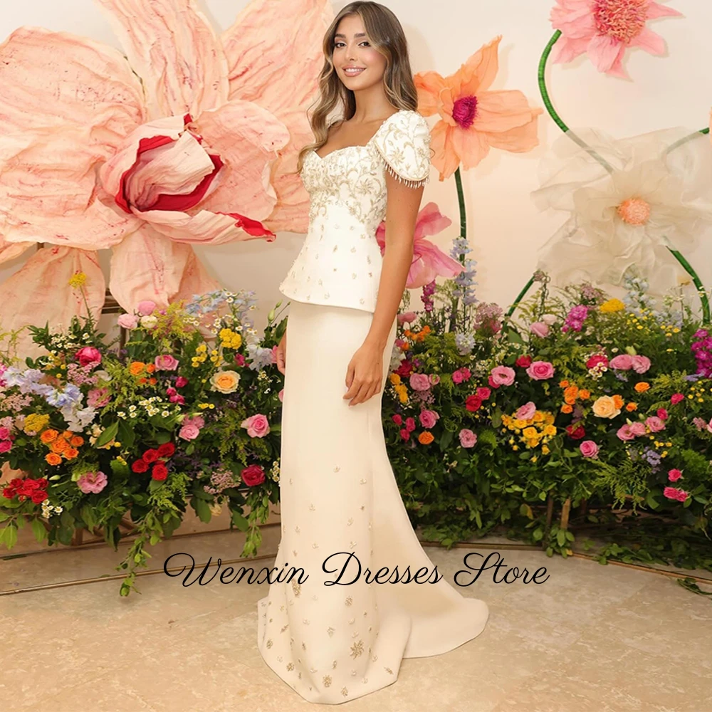 Romantic Ivory Jersey Evening Dress Customized Square Collar Short Sleeves Prom Dress Modern Court Train Special Occasion Gowns image 4