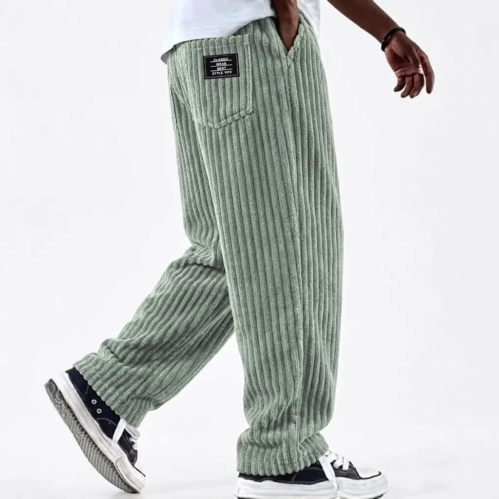 

Muted Green Corduroy Pants Elastic Waist Thick Trousers Loose Fit Wide Casual Pants Patch Pocket Straight Leg Pants Black Beige
