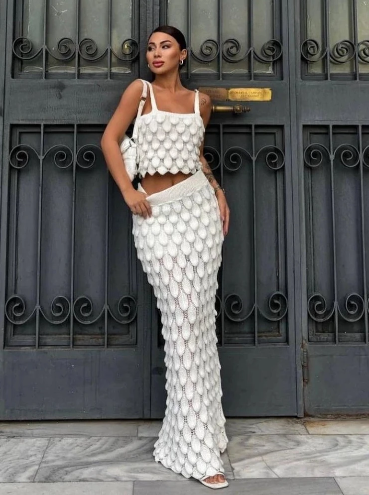 

Женский комплект из двух трикотажной юбки, выдалбливают масштабный узор, сексуальный элегантный комплект праздничных платьев, летние горячие шикарные наряды