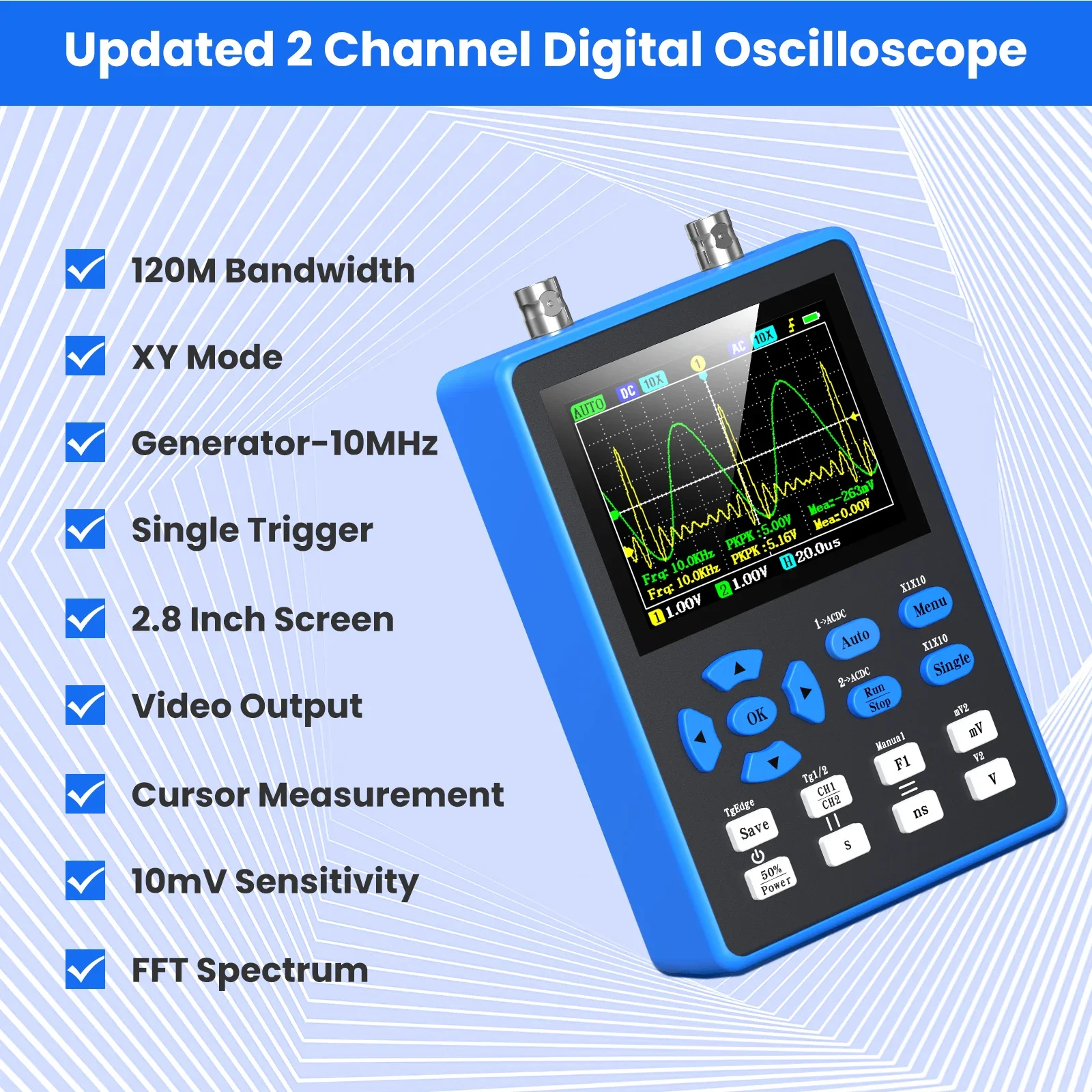 DSO2512G 2.8 Inch Handheld Digital Oscilloscope 120M Bandwidth Dual Channel Oscilloscope Signal Generator 500MSa/s